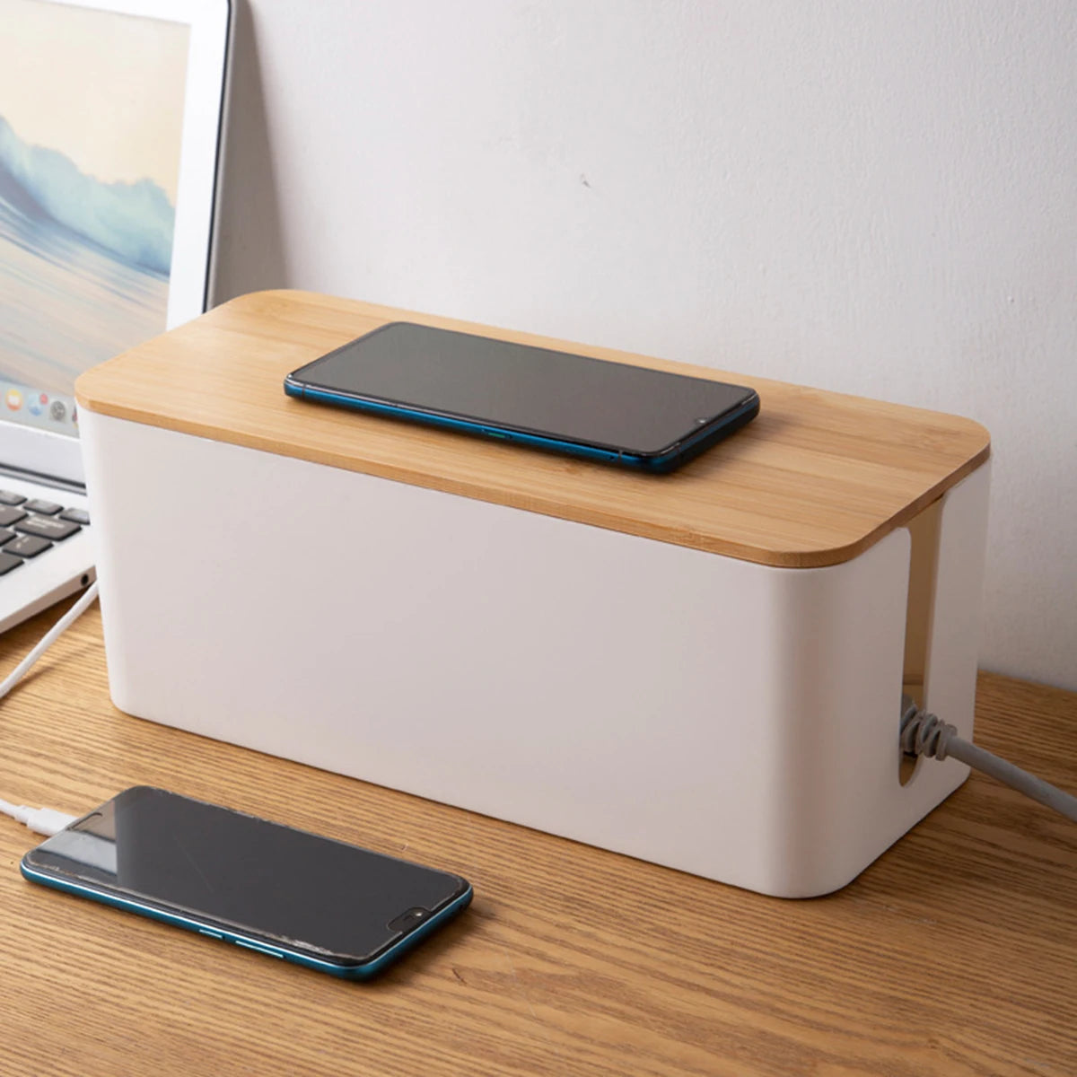Wooden Cable Management Box – Dustproof Organizer for Chargers & Power Strips