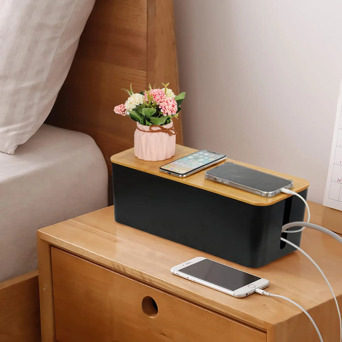 Wooden Cable Management Box – Dustproof Organizer for Chargers & Power Strips