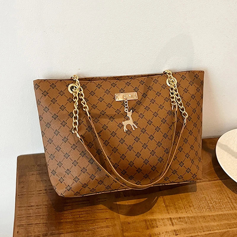 Women's Large Capacity Fashion Tote Bag Luxury Design Handbag Trendy Shoulder Purse with Printing Pattern for Shopping
